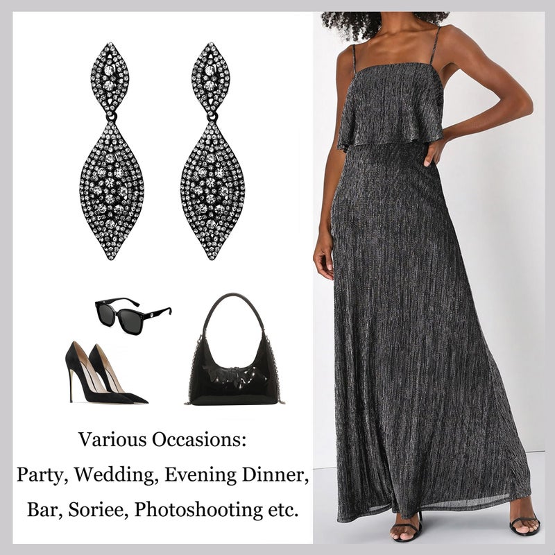 Flyonce Women's Rhinestone Crystal Wedding Bridal 2 Leaf Drop Dangle Chandelier Earrings Clear Black-Tone - Image 5